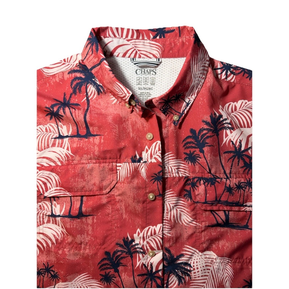 Chaps Mens XL Performance‎ Shirt Red Tropical Palm Tree  Button Down Shirt